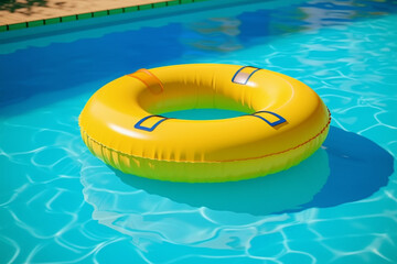 Fototapeta na wymiar 3d render of yellow inflatable ring in swimming pool with blue water