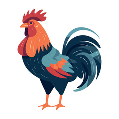 Multi colored rooster standing on grassy backdrop