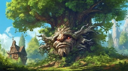 Naklejka na ściany i meble A treant defending its forest home from intruders. Fantasy concept , Illustration painting.