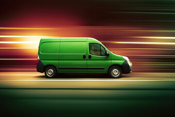 A delivery Green van with glowing lights and fast motion blur. Generative ai