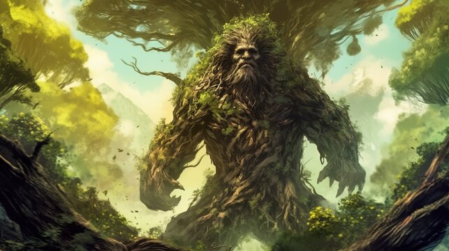 A treant defending its forest home from intruders. Fantasy concept , Illustration painting.