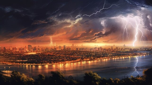 A thunderstorm over a city skyline. Fantasy concept , Illustration painting.