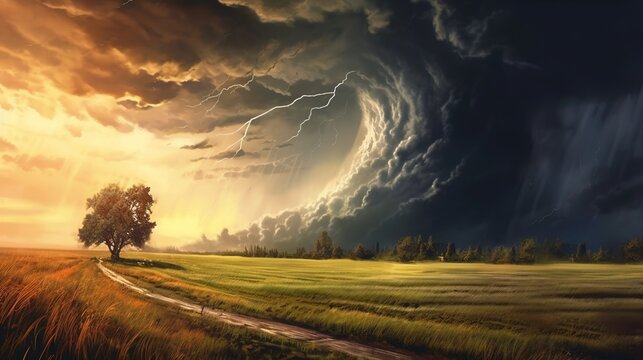 A tornado in a field of wheat. Fantasy concept , Illustration painting.