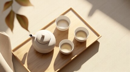 Top view of white ceramic teapot, three teacup on brown wooden tray 3d illustration. Generative AI.