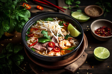 soup meal background japanese meat vegetable asian hot noodle bowl food. Generative AI.