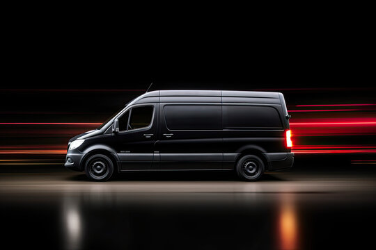 A deliveryBlack van with glowing lights and fast motion blur. Generative ai