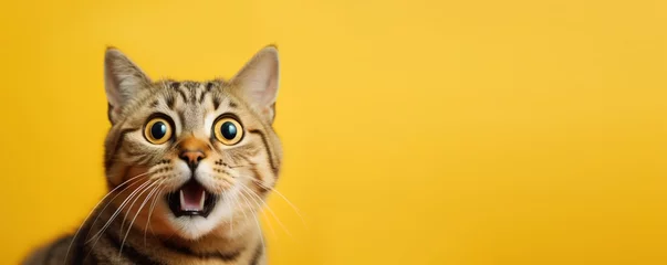 Tuinposter Young crazy surprised cat make big eyes closeup on yellow background © runrun2