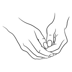 Folded human hands. Black and white linear silhouette. Cartoon style. Isolated vector illustration.