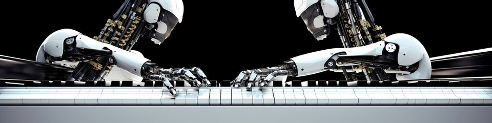 Two White-Silver Robots at a Piano Hitting White Keys with Their Aluminum Hands, showcasing the role of machine learning in music generation, Created with Generative AI Technology
