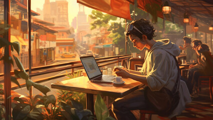 Capture the essence of a digital nomad's life as they work on their MacBook in a lively cafe setting, evoking a sense of freedom and productivity