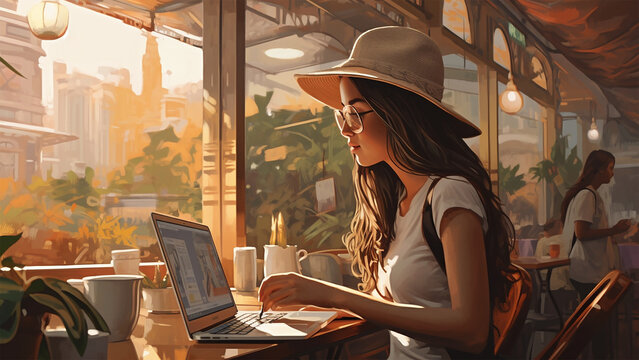 Capture the essence of a digital nomad's life as they work on their MacBook in a lively cafe setting, evoking a sense of freedom and productivity