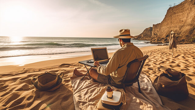 Embrace the beach vibes and portray a digital nomad in their element, working on a MacBook against the backdrop of a serene sandy beach, embodying the essence of freedom and productivity