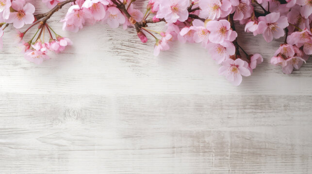 Pink cherry blossoms on white wooden background 