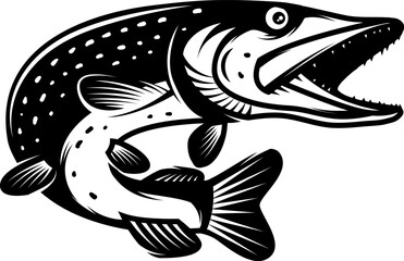 Illustration of pike fish in monochrome style. Pike fish isolated on white background - obrazy, fototapety, plakaty