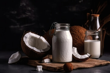 Coconut vegan milk non dairy in different bottles with copy space, generative ai