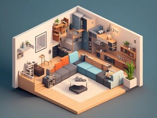 Cute Isometric Living Room with Industrial Interior Design, 3D model, Cutaway Living Room 