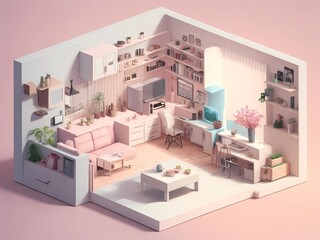 Cutaway Box Reveals a Cute Modern Living Room, Living Room with Shabby Chic Interior Design, Isometric Modern Living Room