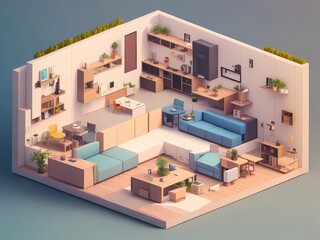 Isometric Living Room Design, Cutaway Box Living Room