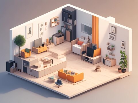 Isometric Living Room with Scandinavian Design, Cutaway Box Modern Living Room