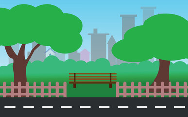 Obraz premium City park with green trees and grass, wooden bench, lanterns and town buildings on skyline. Vector cartoon summer landscape with empty public garden, birds and sun beams