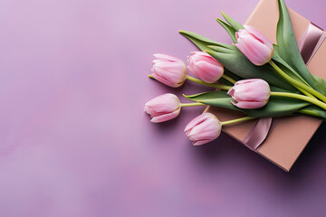 beautiful bouquet of spring tulip flowers with a gift box on a pink background. Generative ai 