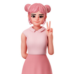 Cute female character with double buns Showing peace Pose using right hand, 3D Character Render Illustration