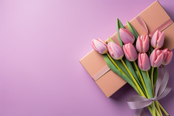 beautiful bouquet of spring tulip flowers with a gift box on a pink background. Generative ai 