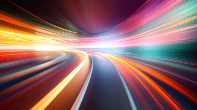 Abstract long exposure dynamic speed light trails background. AI generation