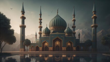 Fototapeta premium ramadan with beauty mosque celebration background template illustration. banner, decoration. generative ai