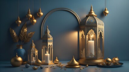 Obraz premium arabic lantern of ramadan celebration background illustration. decoration, copy space, banner. Generative AI 