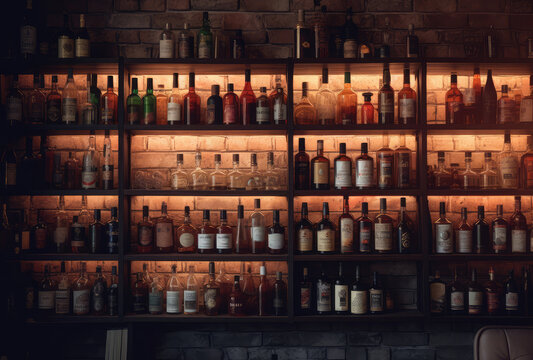 wine bottles and liquor on the shelves of a bar