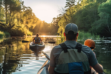 A shot from behind father and son with kayak. Generative AI