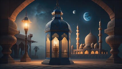 arabic lantern of ramadan celebration background illustration. decoration, copy space, banner. Generative AI	