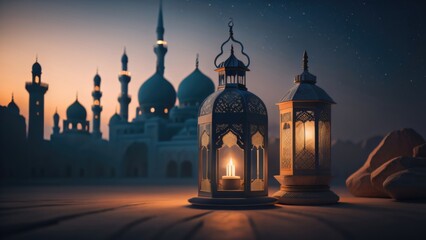 arabic lantern of ramadan celebration background illustration. decoration, copy space, banner. Generative AI	