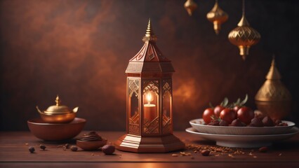 Fototapeta na wymiar arabic lantern of ramadan celebration background illustration. decoration, copy space, banner. Generative AI 