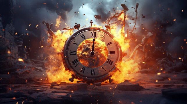 futuristic background, exploding clock. Generative Ai. 