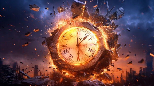 exploding alarm clock on dark sky background, futuristic illustration. Generative Ai. 
