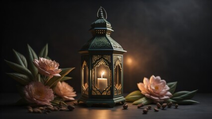 Obraz premium arabic lantern of ramadan celebration background illustration. decoration, copy space, banner. Generative AI 