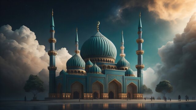 ramadan with beauty mosque  celebration background template illustration. banner, decoration. generative ai