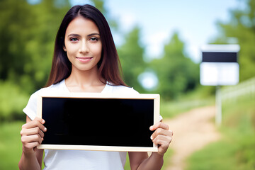 Fototapeta premium woman holding board computer for the purpose of advertisement created using AI Generative Technology