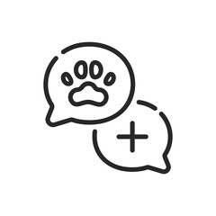 Online Veterinary Chat Icon - Vector Outline Editable Sign of Animal Care Dialogue, Pet Chat, Ask a Help Online. Two Chat Bubbles with Animal Paw Print Symbol.