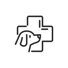 Dog Veterinary Service Icon. Vector Outline Editable Sign of Veterinary or Canine Care Services for Dogs. Illustration of Dog in Front of a Health Cross