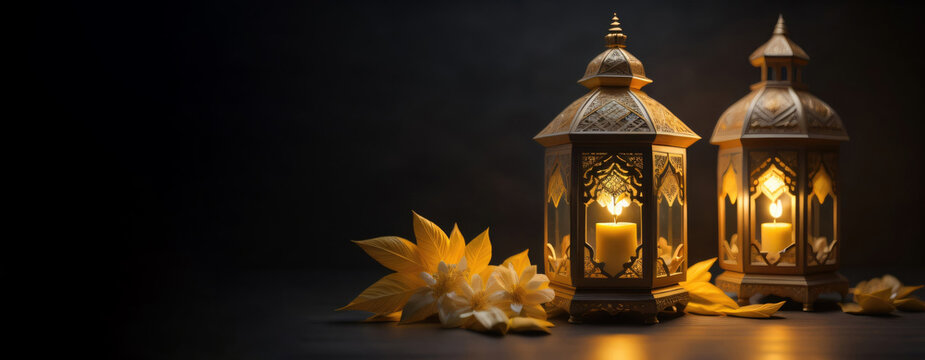 arabic lantern of ramadan celebration background illustration. decoration, copy space, banner. Generative AI	