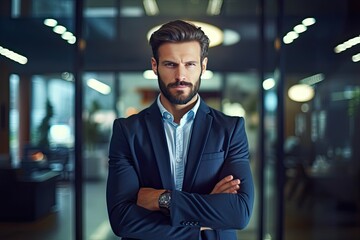 Fototapeta premium Serious businessman looking at camera and keeping arms crossed while standing in office