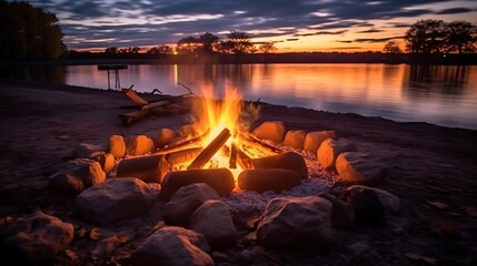 Experience a glowing campfire by the lake, with a stunning sunset and the warmth of open flames, fire, and logs. Enjoy beach camping at night amidst the serene lake landscape. generative ai