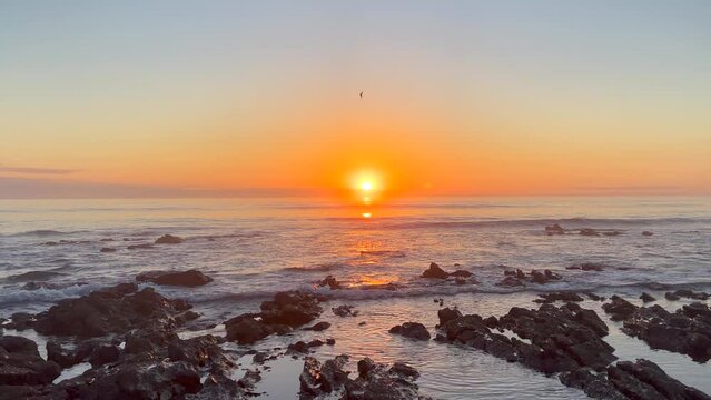 Peaceful sunrise golden orange red sun on horizon wake up early Jeffreys Jbay South Africa coastline waves crashing on beach shoreline reef low tide slow motion tripod WSL Corona Open Sunset surf