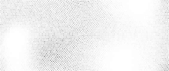 Radial halftone dots. Spotted and dotted stains gradient background. Concentric comic texture with fading effect. Black and white rough gritty wallpaper. Grunge monochrome geometric backdrop. Vector - obrazy, fototapety, plakaty