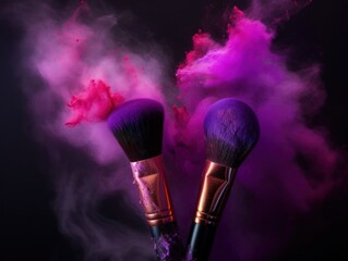 Make up brush with purple powder isolated on black background. Generative AI
