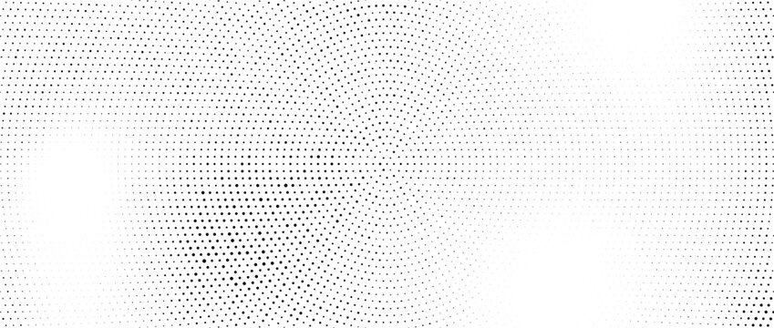 Radial halftone dots. Spotted and dotted stains gradient background. Concentric comic texture with fading effect. Black and white rough gritty wallpaper. Grunge monochrome geometric backdrop. Vector