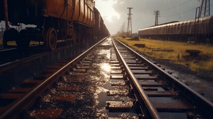 unclaimed rusty freight wagons derailed or on abandoned branches. wartime, crisis, misfortune, disaster. environment and insurance concept.Generative AI 